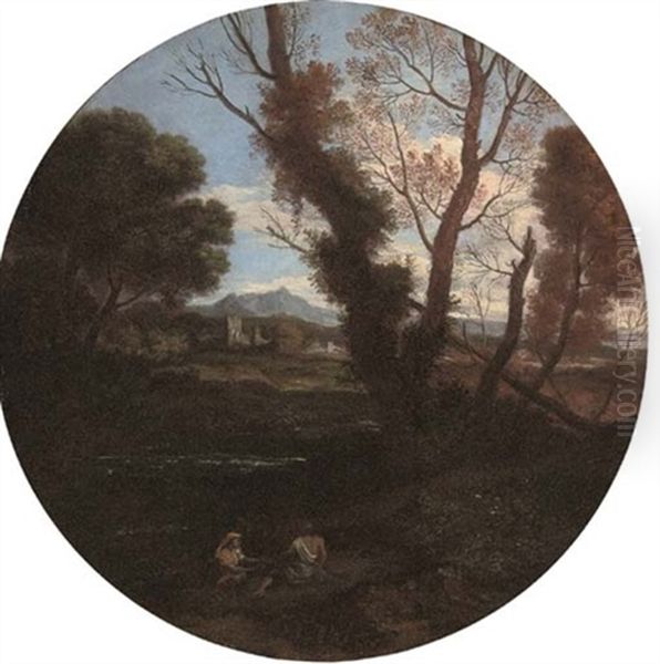 A Wooded Landscape With Figures By A River, A Fortified Town And Mountains Beyond - view 1
