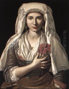 Portrait Of A Young Woman In A White Head-dress, Holding A Carnation