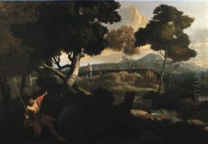 Wooded River Landscape With St. John The Baptist Pointing Out Christ by Francesco Cozza