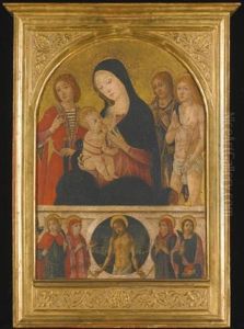 The Madonna And Child With Saints Julian The Hospitaler, Roch And Sebastian, Below The Dead Christ Set In A Landscape, Flanked By Saints Cosmas, Damian And Two Other Male Saints by Guidoccio di Giovanni Cozzarelli