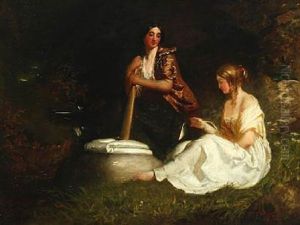 Laundry Scene With Two Young Women By A Stream by William Crabb