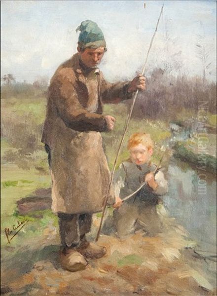 Homme Et Enfant Pechant Pres Du Ruisseau - view 1