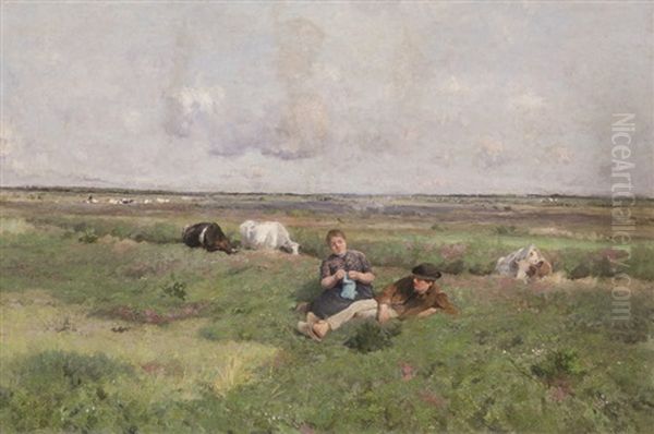 Paysage Vaste Anime D'un Couple Se Reposant Au Champ Et De Vaches Au Fosse - view 1