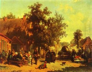 Market Day In A Village by Florent Nicolas Crabeels