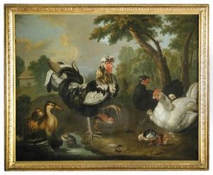 A Peacock And Peahen In A Classical Landscape; And An Appenzeller Spitzhauben Cockerel And Other Fancy Fowl In A Landscape (pair)