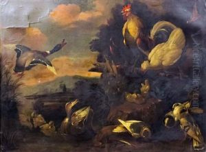 Study Of Ducks, Chickens And Pigeons In Landscape by Marmaduke Cradock