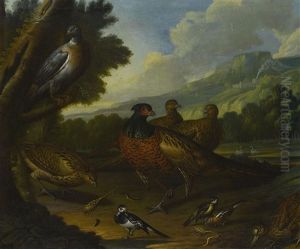 Pheasants, Wood Pigeon And Small Birds In An Extensive Landscape by Marmaduke Cradock