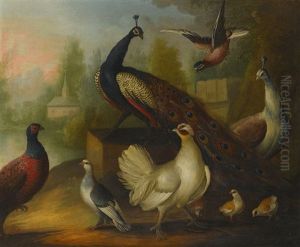 Peacocks, Chickens And Other Birds In A River Landscape by Marmaduke Cradock