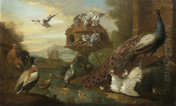 A Peacock, Ducks And Other Birds, Before A Dovehouse In A River Landscape - view 1