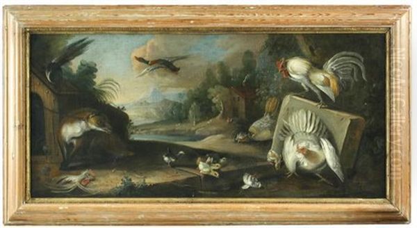 A Magpie Alarmed By A Fox, With Domestic Poultry And An Extensive Landscape Beyond - view 1