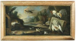 A Magpie Alarmed By A Fox, With Domestic Poultry And An Extensive Landscape Beyond