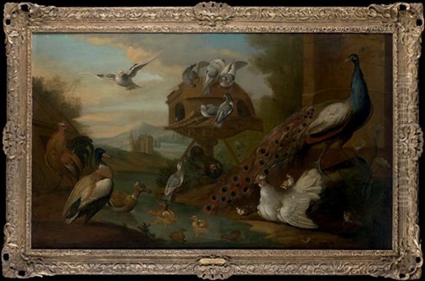 Canards, Poules Et Pigeons Dans Un Paysage - view 1