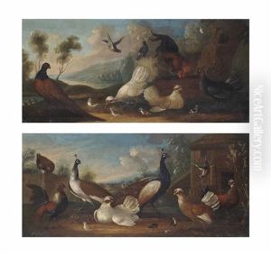 A Cockerel, A Pheasant And Chickens In A Landscape (+ Two Peacocks, Chickens And A Pheasant In A Landscape; Pair) by Marmaduke Cradock