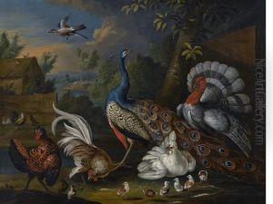 A Peacock, A Turkey, A Rooster And Chickens In A Courtyard by Marmaduke Cradock