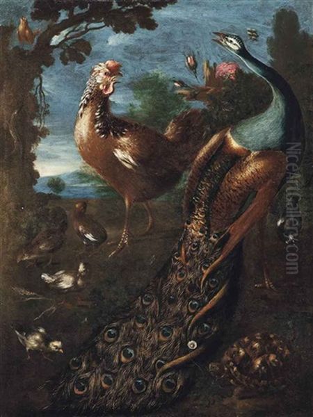 A Peacock, A Cockerel, A Tortoise And Other Birds In A Landscape - view 1