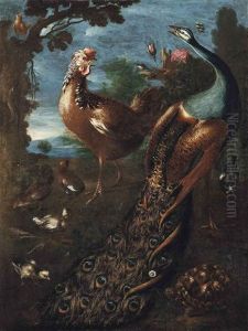 A Peacock, A Cockerel, A Tortoise And Other Birds In A Landscape