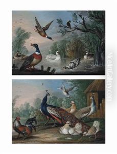 Mallard, A Swan And Geese By A Pond (+ Peacocks And Chickens Beside A Barn In A Landscape; Pair) by Marmaduke Cradock