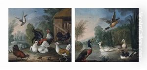 Mallard And Geese By A Pond (+ A Cockerel And Chickens By A Barn In A Landscape; Pair)
