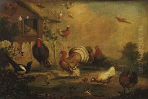 Turkeys, A Cockerel, Hens And Other Fowl And Birds By A Hen-house by Marmaduke Cradock