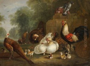 Hens, Chicks, Cockerel And Other Wild Fowl Beside A Ruined Wall Hens, Chicks, Cockerel And Other Wild Fowl Beside A Ruined Wall