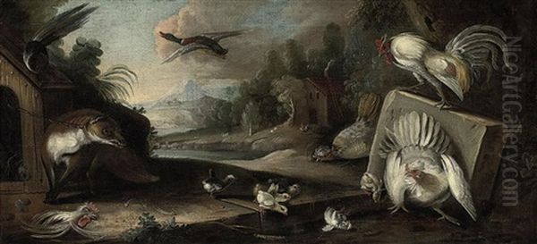 A Fox With Chickens, A Cockerel And Chicks In A Wooded River Landscape, A Farm Beyond - view 1