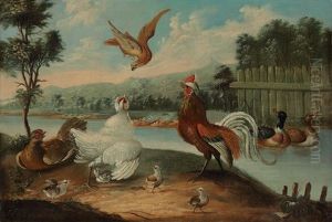 Chickens, Chicks And Ducks With A Swooping Birds Of Prey, In A River Landscape