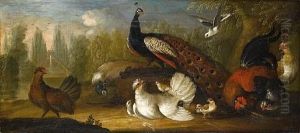 A Peacock And A Peahen With A Cockerel And Other Fowl In A Park Landscape