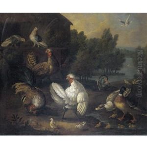 A Farmyard Still Life With Doves, Chickens And Chicks, Ducks And Ducklings, A Cockerel, And A Turkey by Marmaduke Cradock