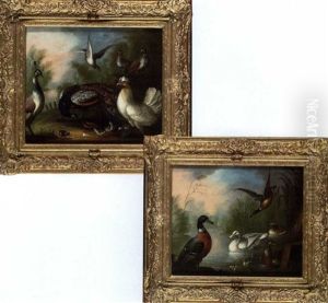 Peacocks, Poultry And Doves In A Wooded Landscape (+ Ducks In A River Landscape; Pair)