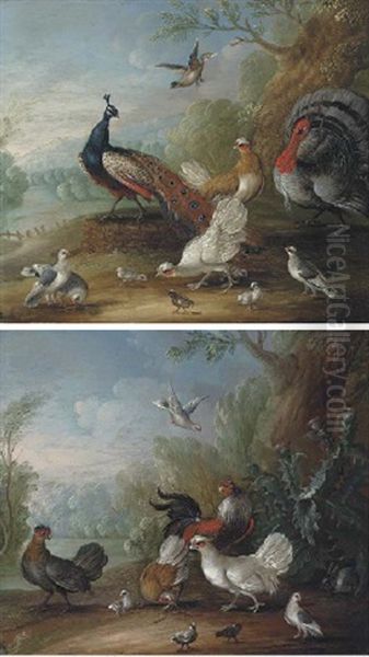 A Peacock, Doves, Chickens And A Turkey In A Landscape (+ Chickens, Doves And Cockerels In A Landscape; Pair) - view 1
