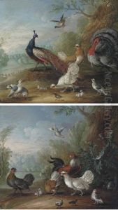 A Peacock, Doves, Chickens And A Turkey In A Landscape (+ Chickens, Doves And Cockerels In A Landscape; Pair) by Marmaduke Cradock