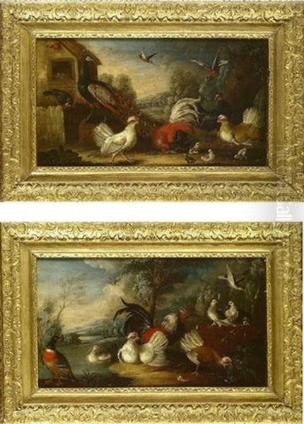A Peacock, Chickens, A Jay And Other Birds By A Barn - view 1
