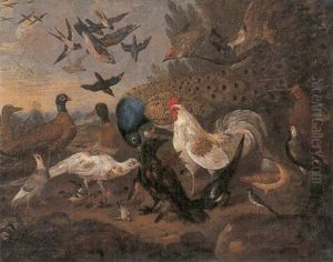 A Peacock, Birds And Other Fowl In A Landscape