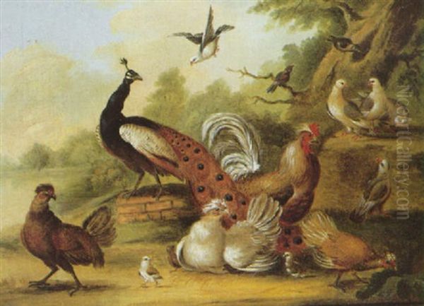 A Peacock, A Cockeral, A Hen And Other Fowl In A Landscape - view 1
