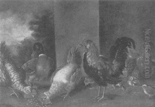 Rooster, Chickens And A Duck With Landscape Beyond - view 1