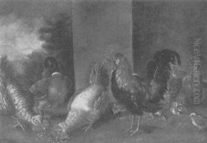 Rooster, Chickens And A Duck With Landscape Beyond by Marmaduke Cradock