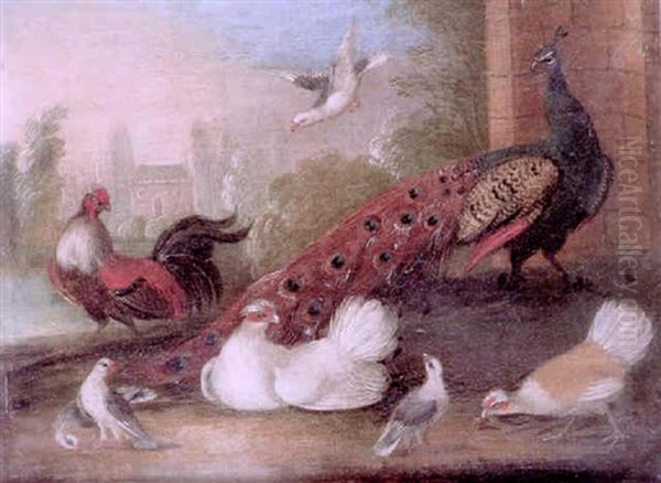 A Concert Of Birds, Including A Peacock, Doves And Fancy Fowl Before A Lake - view 1