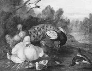 A Peacock, Fowl, Chickens And Other Birds In A Landscape