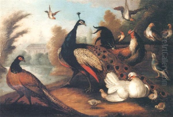 Exotic Fowl By A Lake In A Landscape - view 1