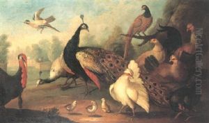 A Parkland With Peacocks, Pheasants And Hens With Chicks, A Turkey And A Jay
