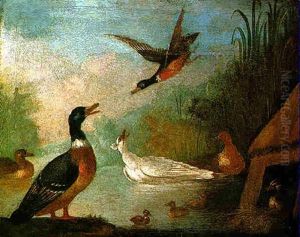 A Peacock And Other Birds Before An Ornamental Fountain In A Park Landscape by Marmaduke Cradock