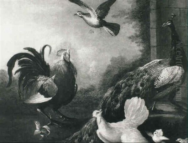A Peacock, Peahen And A Cockerell In A Landscape - view 1