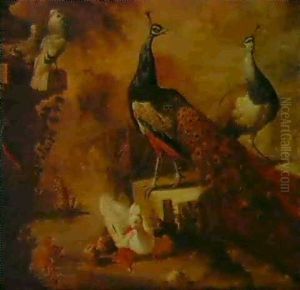 Peacocks And Other Exotic Fowl In A River Landscape