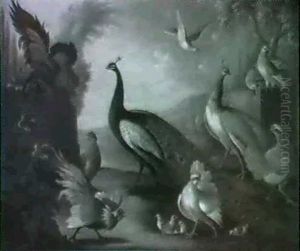 Two Peacocks, Doves, Chickens And A Rooster In A Park by Marmaduke Cradock