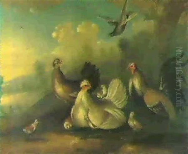 Two Cockerels, A Hen And Otherfowl In A Landscape - view 1