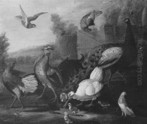 A Peacock, A Rooster, Chickensand Other Birds In A River    Landscape