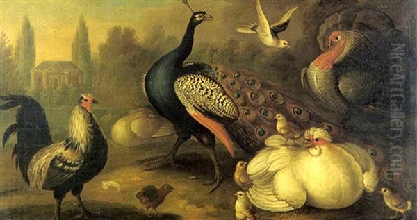 A Peacock, A Cockerel, A Turkey And Other Fowl In A Garden, A Pavilion Beyond - view 1
