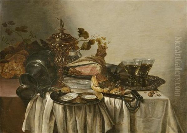 Tafel Mit Schinken, Zwei Berkemeyerglasern, Zinnkrug, Einem Goldpokal, Austern Auf Einem Silberteller, Trauben Und Brot - view 1
