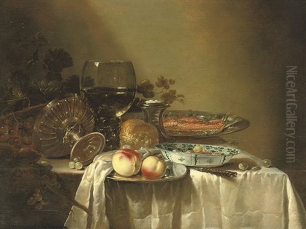 A Roemer With White Wine, A Silver Tazza, A Plate With Peaches, A Chinese Porcelain Bowl With Olives - view 1