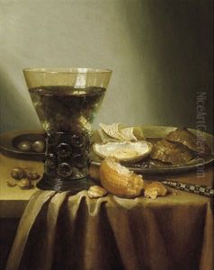 Stillleben Mit Einem Gefullten Weinglas Und Austern by Adrian J. Craen